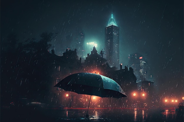 Ville de nuit sous la pluie avec un parapluie mystérieux créé avec une IA générative