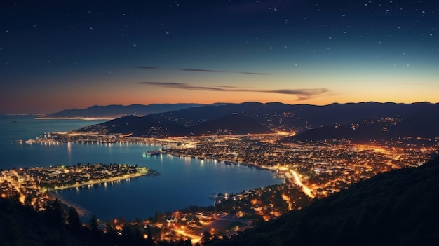 une ville la nuit avec une vue sur la ville