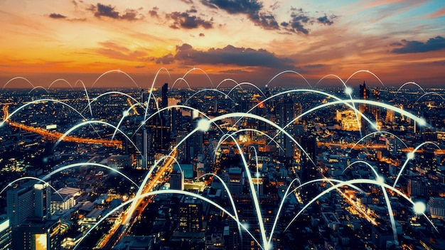 Photo ville numérique intelligente avec graphique abstrait de la mondialisation montrant le réseau de connexion