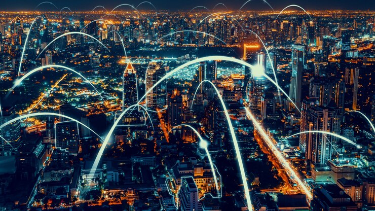 Photo ville numérique intelligente avec mondialisation graphique abstrait montrant le réseau de connexion
