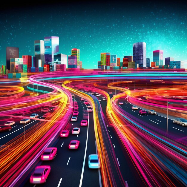 Ville numérique intelligente avec une traînée lumineuse à grande vitesse de voitures de transfert de données numériques