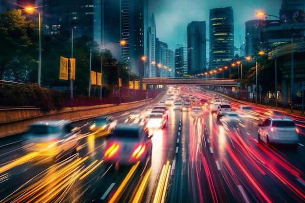Ville numérique intelligente avec traînée lumineuse à grande vitesse de voitures de transfert de données numériques