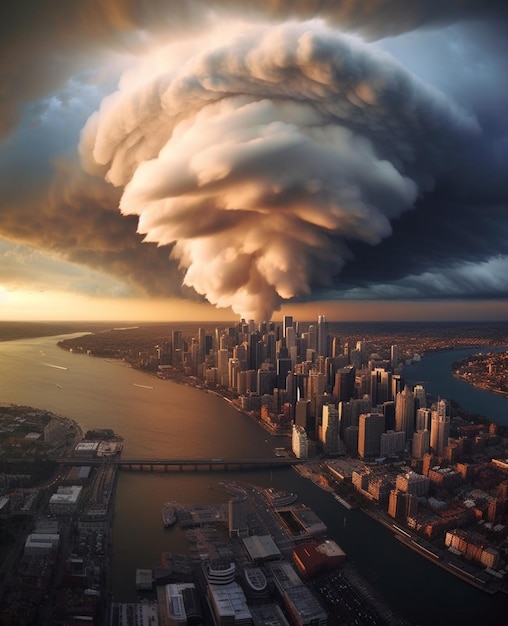 Une ville d'où sort un nuage de fumée