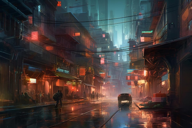 Une ville avec un panneau qui dit "cyberpunk" dessus