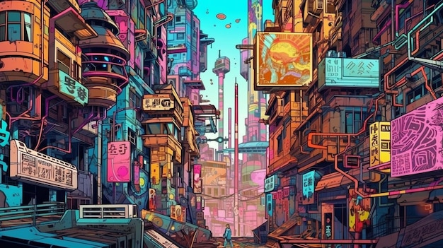 Une ville avec un panneau qui dit "cyberpunk"