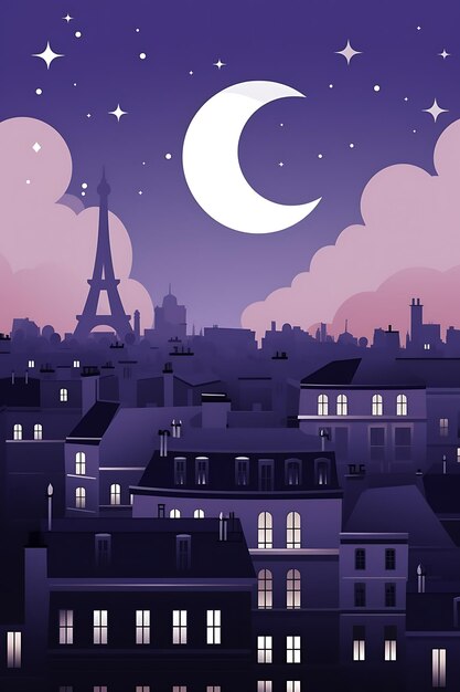 Photo la ville de paris et la lune illuminée la nuit illustration