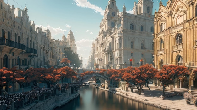 Une ville avec un pont et un canal