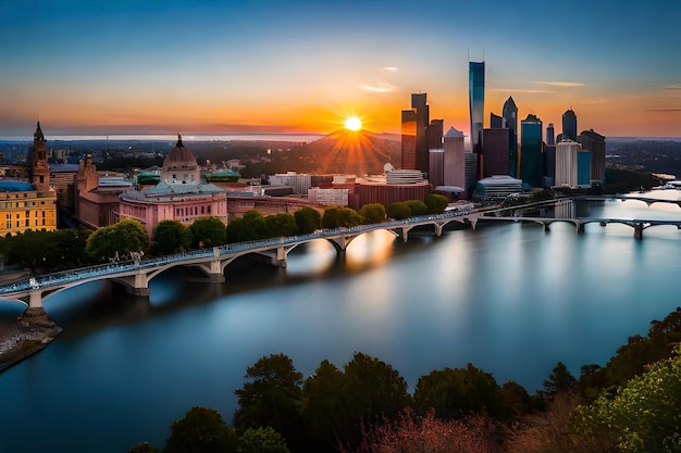 Une ville avec un pont et le coucher du soleil