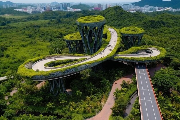 une ville avec un pont sur lequel une personne marche