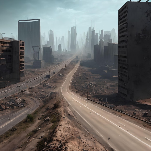 Ville post-apocalyptique avec art génératif d'autoroute par IA