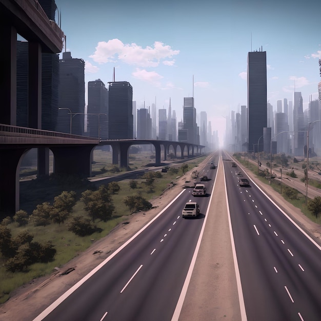 Ville post-apocalyptique avec art génératif d'autoroute par IA