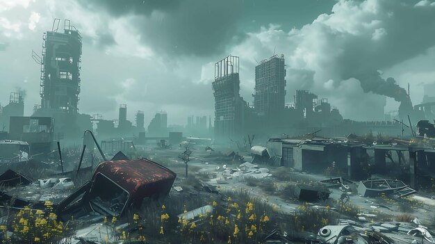 Photo une ville post-apocalyptique est en ruines, avec des bâtiments détruits et une végétation envahie.