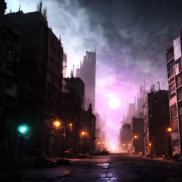 Ville post-apocalyptique la nuit art génératif par IA