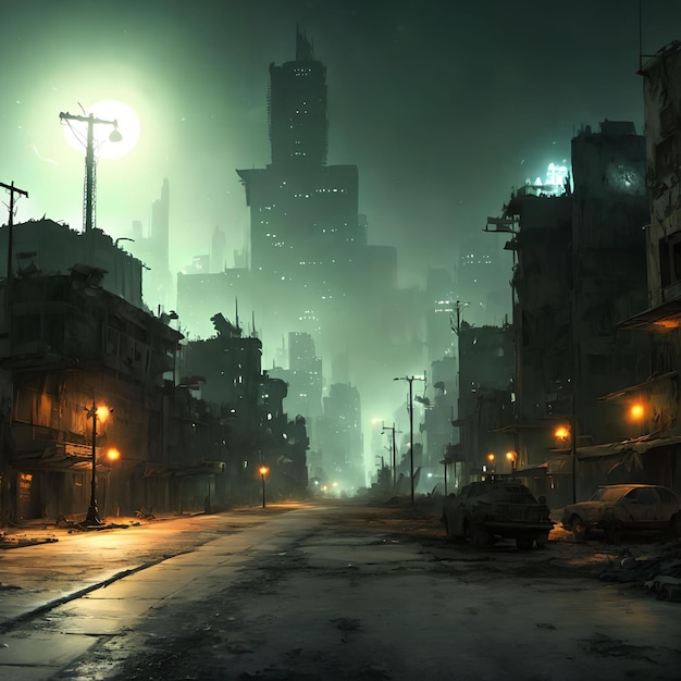 Ville post-apocalyptique la nuit art génératif par IA