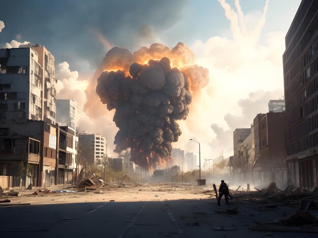 Une ville post-apocalyptique en ruines, des bâtiments détruits, des véhicules brûlés et des routes en ruine.