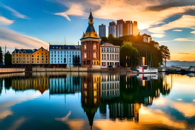 une ville avec le reflet d'un bâtiment et d'un bateau dans l'eau.