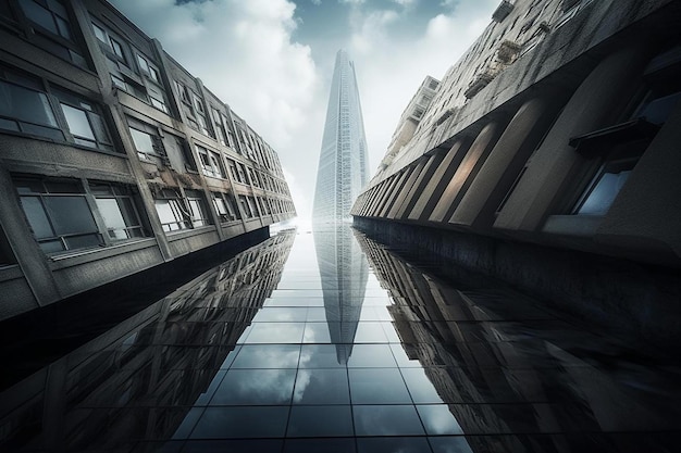 Une ville avec le reflet d'un bâtiment dans l'eau.