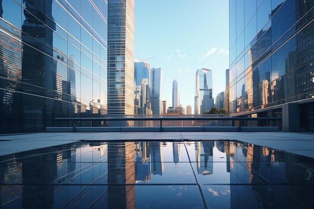 une ville avec un reflet de la ville dans les fenêtres.