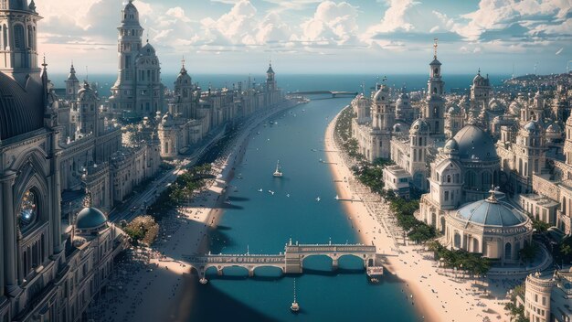 Une ville avec une rivière et un pont