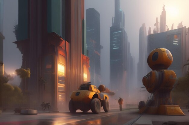 Une ville avec un robot sur le devant