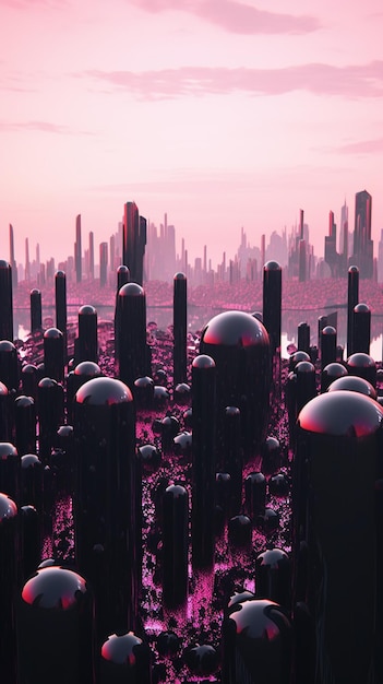 Une ville rose avec des boules de verre noires au sol