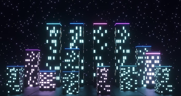 ville rougeoyante de couleur néon dans la nuit avec des étoiles, rendu 3d