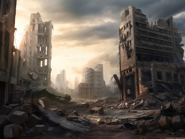 Une ville en ruine post-apocalyptique Des bâtiments détruits Des routes détruites Des gratte-ciel détruits