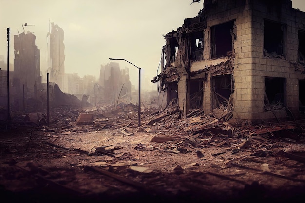 Une ville en ruine post-apocalyptique. Des bâtiments détruits, des véhicules incendiés et des routes en ruine.