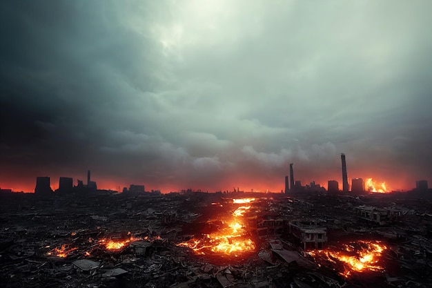 Une ville en ruine post-apocalyptique. Des bâtiments détruits, des véhicules incendiés et des routes en ruine.