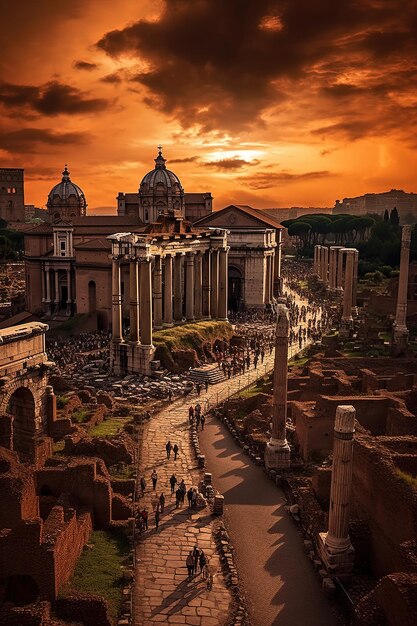 une ville avec des ruines romaines et des colonnes romaines et un ciel au coucher du soleil