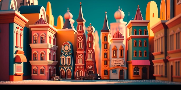 Ville russe colorée de style dessin animé avec des maisons confortables et des tours en forme d'oignon