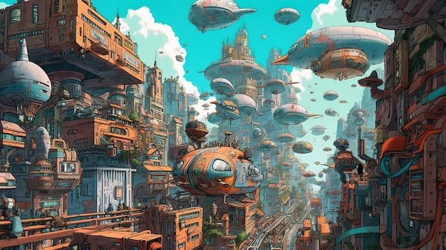 Une ville scifi avec des voitures volantes et une architecture extraterrestre Concept fantastique Peinture d'illustration AI générative