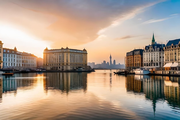 Une ville se reflète dans l'eau au coucher du soleil.