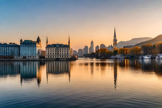 Une ville se reflète dans l'eau au coucher du soleil.