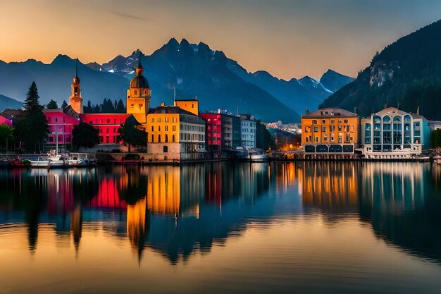 Photo une ville se reflète dans l'eau au coucher du soleil.