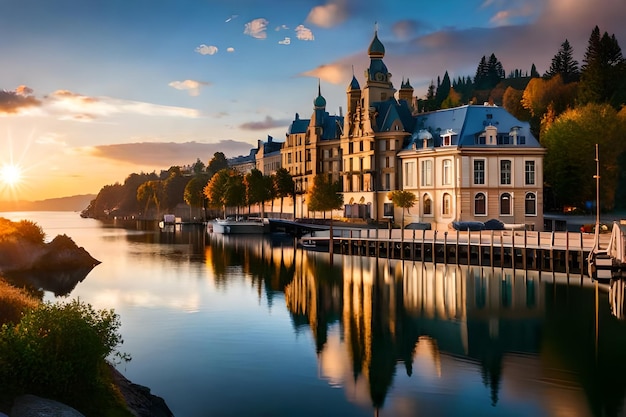 une ville se reflète dans l'eau au coucher du soleil.