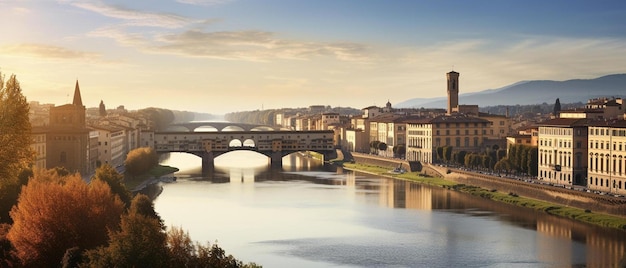 Photo une ville se reflète dans l'eau et le pont est un pont.