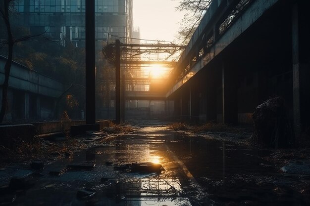 Une ville sombre avec un pont en arrière-plan