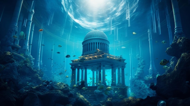Photo la ville sous-marine futuriste présente un temple grec vu depuis les dômes en dessous.