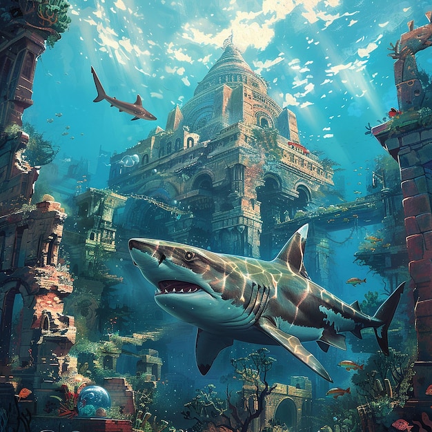 Une ville sous-marine mystique avec des requins