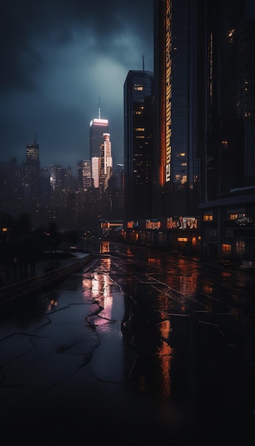 Une ville sous la pluie avec les lumières de la ville allumées