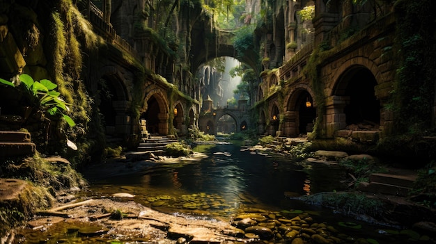 Ville souterraine sous une jungle luxuriante reliée par un canal d'eau Ruines d'une ancienne civilisation dans la jungle tropicale