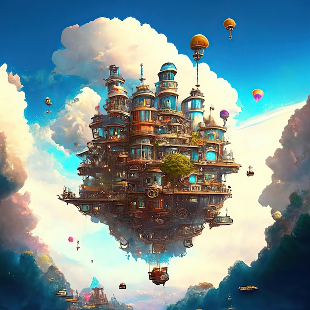 Ville Steampunk flottante dans le ciel avec des bâtiments colorés, des nuages et des montgolfières