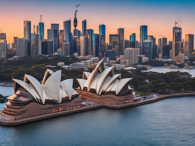 La ville de Sydney vue d'en haut avec le Harbour Bridge, l'opéra et le port