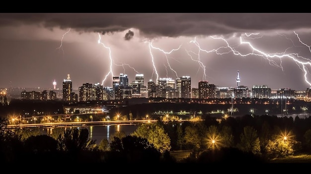 Une ville avec une tempête en arrière-plan