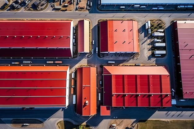 une ville avec un toit rouge et un bâtiment rouge avec une voiture au sommet