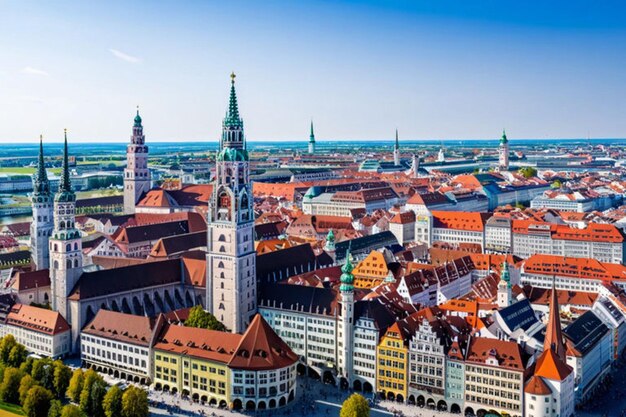 Une ville avec une tour d'horloge et une tour de l'horloge