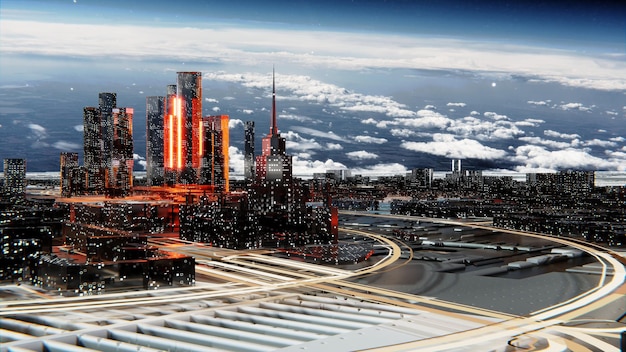 Ville de verre futuriste aux fenêtres lumineuses. Routes lumineuses et éclairs lumineux entre les maisons. Ciel atmosphérique étoilé sur le fond. Illustration 3D