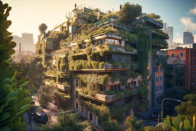 La ville verte baigne au soleil ses infrastructures éco-conscientes et ses parcs luxuriants incarnant une relation symbiotique entre la vie urbaine et la beauté naturelle