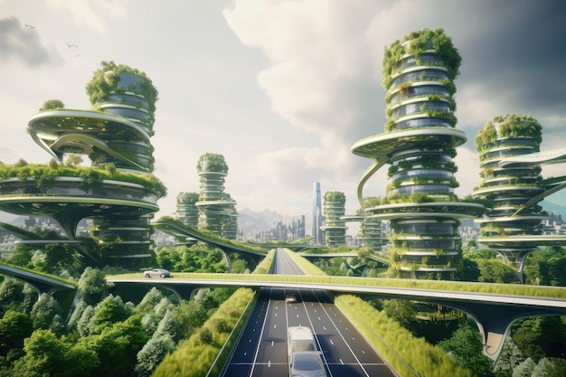 Ville verte high-tech du futur avec des voitures volantes et des véhicules autonomes sur les routes